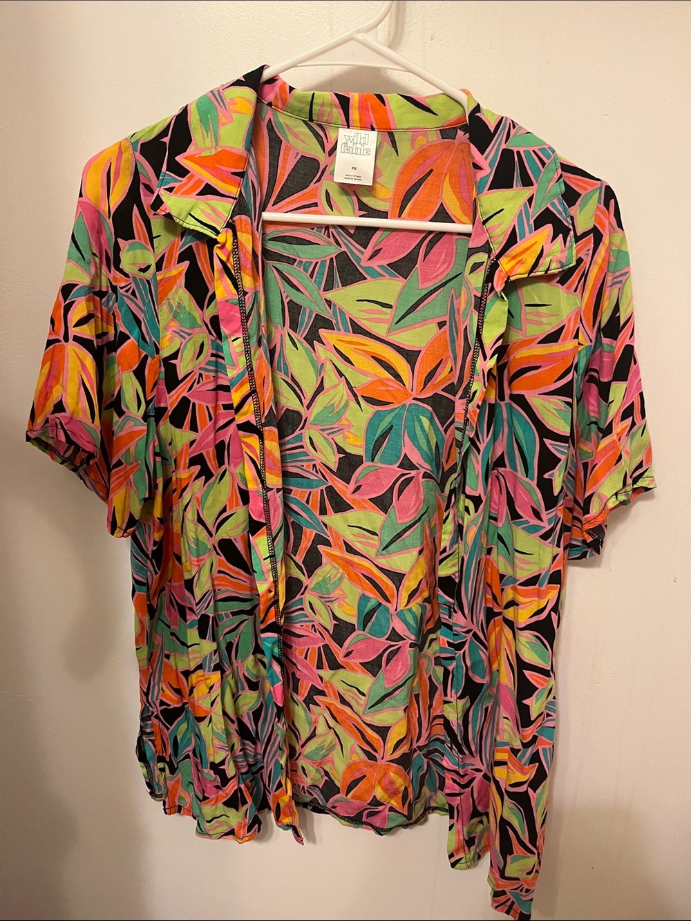 wild fable Tropical Leaf Button-Down Shirt - Black, Pink, Green, Orange